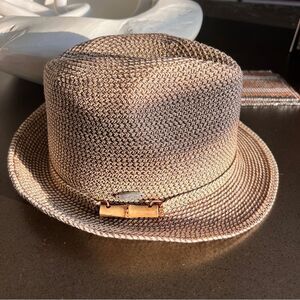 Sun N Sand Brown Tan Woven Fedora Hat with Bamboo Detail